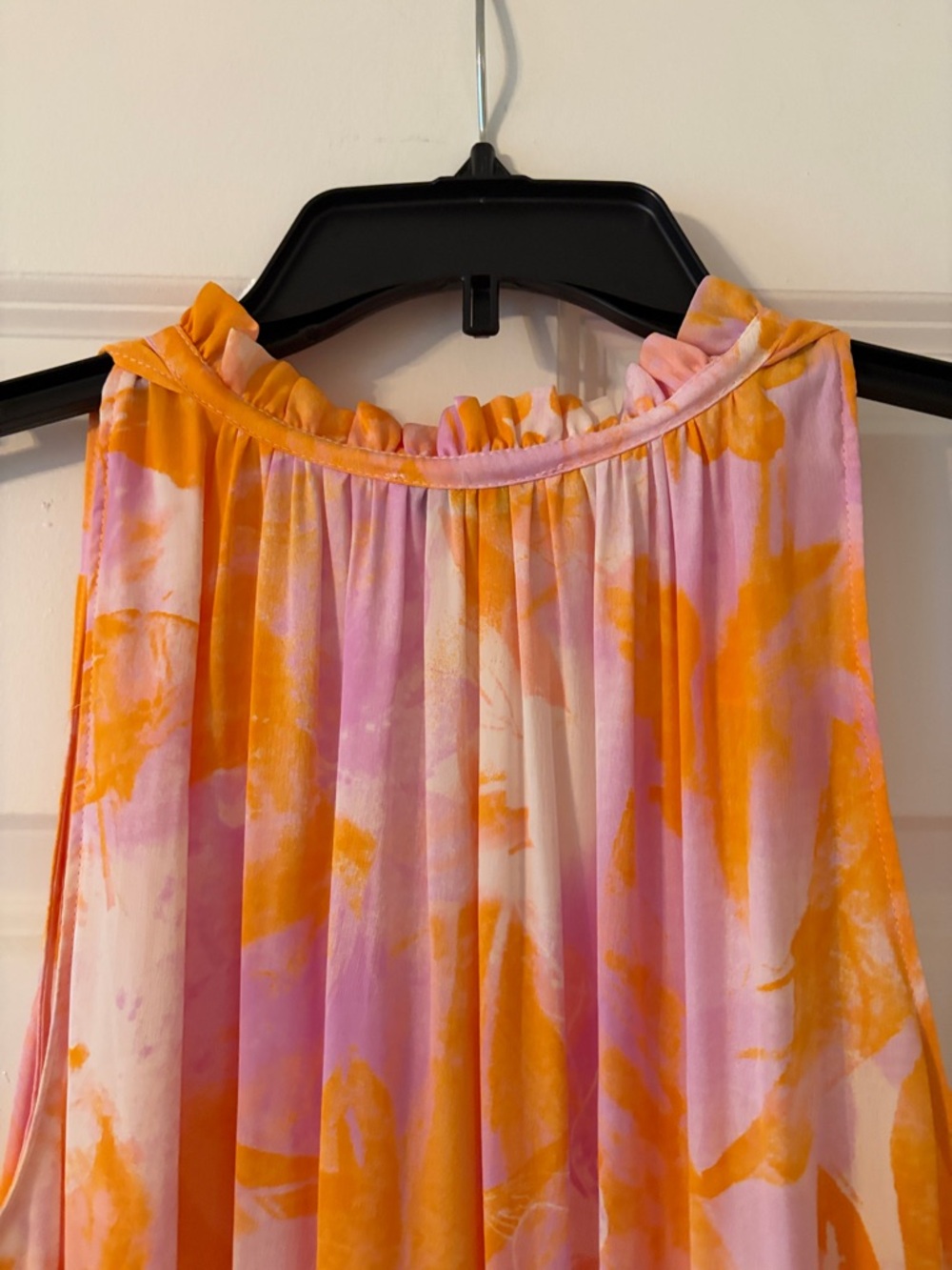 Anthropologie Pink & Orange Ruffled V-Neck Tiered Dress - Picture 7 of 9